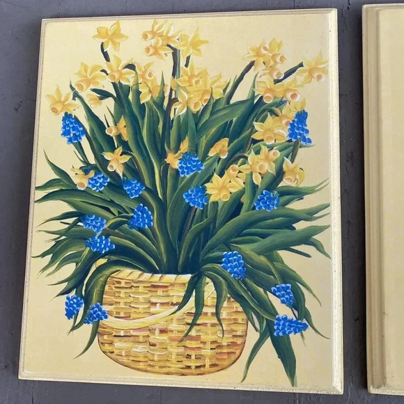2 VTG Botanical Daffodils Print On Wood Board Home Decor Cottagecore Fairytale - Picture 3 of 5